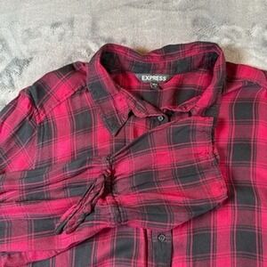 EXPRESS Red Black Plaid Bell‎ Sleeve Button Down Shirt Women's Size L